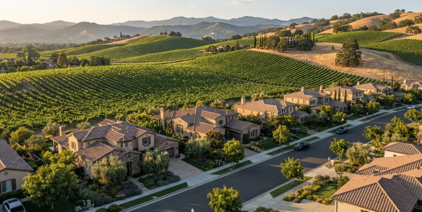 Beautiful Napa Landscape An aerial image of a neighborhood in wine country